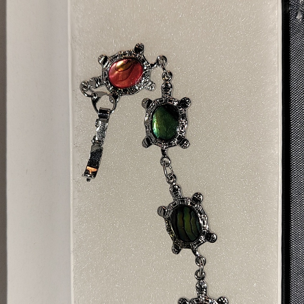 Turtle Link Rainbow Abalone Shell 6.5" Silvertone Clasp Bracelet, Vintage - Picture 3 of 4